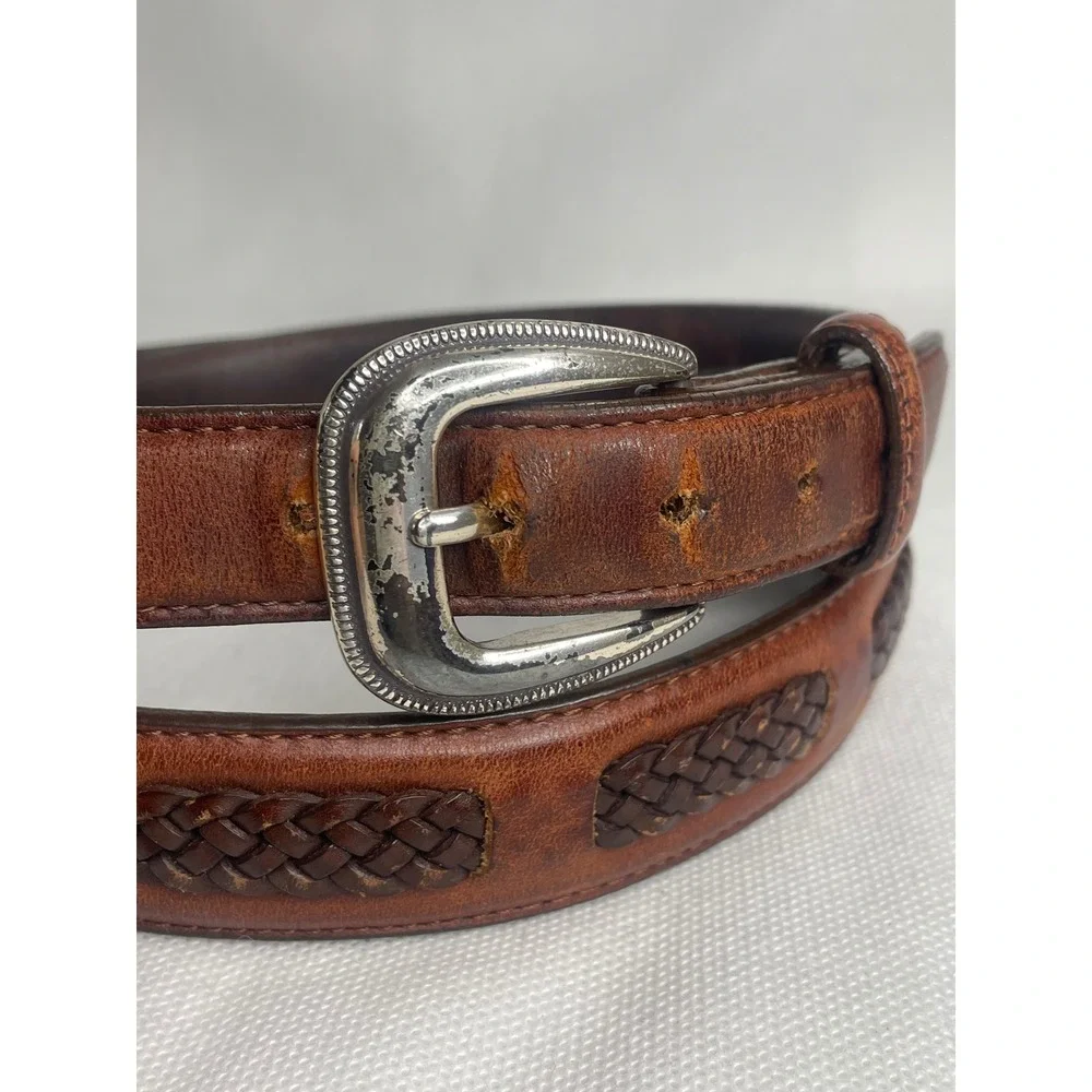 Vintage Brighton Woven Leather Belt Size 42 Western Brown Silver Tooled Buckle